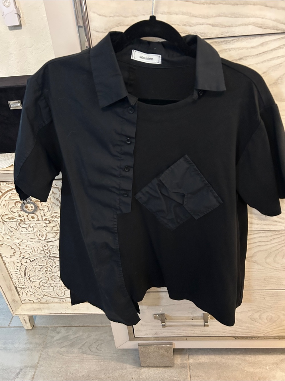 Soolisen Black Mixed-Media Button Front Top
